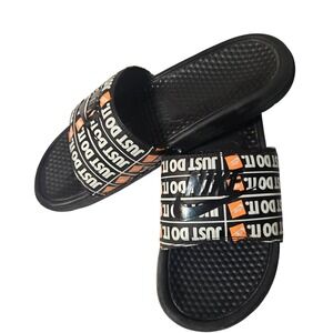 Nike SLIDES Just Do It Repeat Logo Benassi Black Orange Men's Size 11 sandals